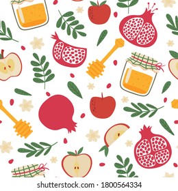 Shana tova seamless pattern. Jewish new year rosh hashanah, repeating tile. Holiday symbols pomegranate, apples and honey jar vector texture. Glass jar with honey dipper, fruit and plant leaves