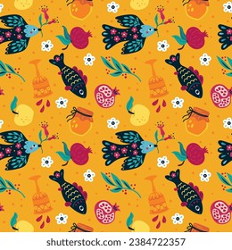 Shana Tova seamless pattern. Rosh Hashanah holiday. Repeating traditional items. Fish and bird. Wine goblet. Pomegranate and apple. Israeli New Year print. Garish vector