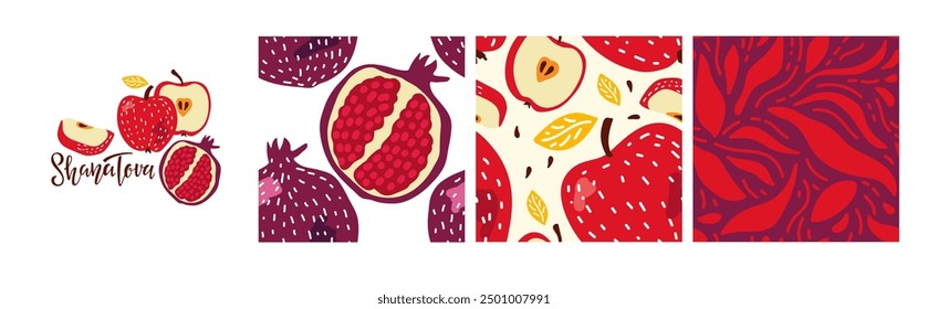 Shana Tova Set. Grußkarte mit Apfel- und Granatapfelkomposition und drei nahtlosen Mustern. Alles Gute Rosh Hashanah. Jüdischer Neujahrsfeiertag. Für Grußkarte, Holiday Design, Einladung.