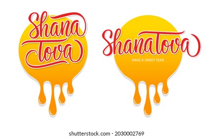 Shana Tova set. Jewish New Year Rosh Hashanah celebrate templates with liquid dripping blobs and lettering for holiday greetings and invitations. Phrase translated "Good Year". Vector illustration.