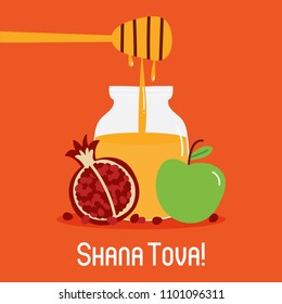 Shana Tova vector greeting card with honey jar, pomegranate and apple, symbols of Rosh Hashanah, jewish new year, traditional holiday.