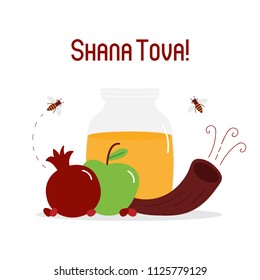 Shana Tova vector greeting card with honey jar, pomegranate, apple, and traditional musical horn shofar, symbols of Rosh Hashanah, jewish new year.