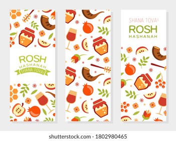 Shana Tova Vertical Banner Templates Set, Rosh Hashanah Traditional Jewish New Year Holiday Poster, Postcard or Invitation Card with Symbols of the Holiday Seamless Pattern Vector Illustration