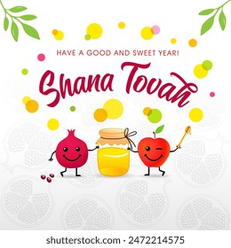 Shana Tovah 2024 holiday card with funny pomegranate apple emoji icons and honey. Rosh Hashanah background, banner with fruits in cartoon style. Vector design