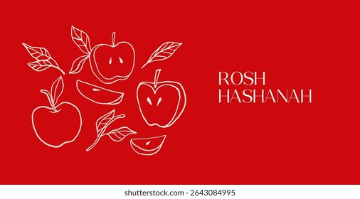 Shanah Tova banner with hand drawn apples. Vintage vector background for Jewish New Year, Rosh Hashanah. 