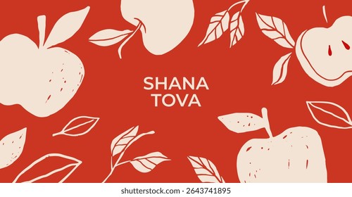 Shanah Tova banner with hand drawn apples. Vintage vector background for Jewish New Year, Rosh Hashanah. 