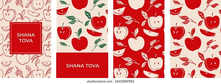 Shanah Tova posters and greeting cards with apple seamless pattern. Vintage vector background for Jewish New Year, Rosh Hashanah. Retro wrapping paper and packaging design.