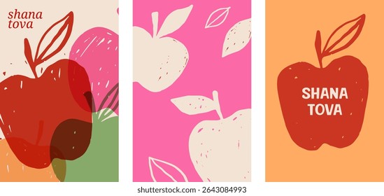 Shanah Tova posters and greeting cards with hand drawn apples. Vintage vector background for Jewish New Year, Rosh Hashanah. 