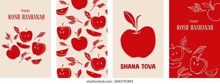 Shanah Tova posters and greeting cards with apple seamless pattern. Vintage vector background for Jewish New Year, Rosh Hashanah. Retro wrapping paper and packaging design.