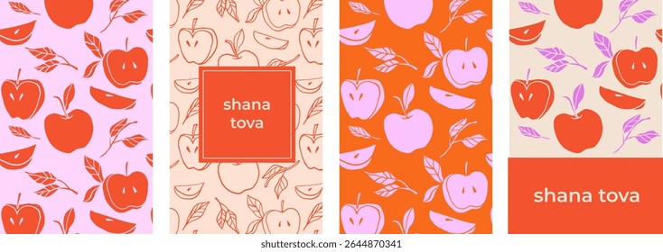 Shanah Tova posters and greeting cards with apple seamless pattern. Vintage vector background for Jewish New Year, Rosh Hashanah. Retro wrapping paper and packaging design.