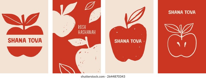 Shanah Tova posters and greeting cards with hand drawn apples. Vintage vector background for Jewish New Year, Rosh Hashanah. 