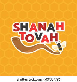 shanah tovah means a good year and shofar horn, bee
on hexagon background