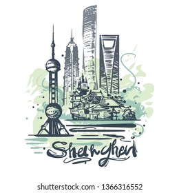 Abstrakte Farbzeichnung in Shanghai. Shanghai Skizze, Vektorgrafik einzeln auf weißem Hintergrund.