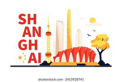 Shanghai architecture panorama - modern colored vector illustration with main Oriental Sports Center, Pearl TV, Jin Mao Tower and world financial building. Financial and commercial heart of China