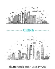 Shanghai and Beijing. China, Line Art Vector illustration with all famous buildings