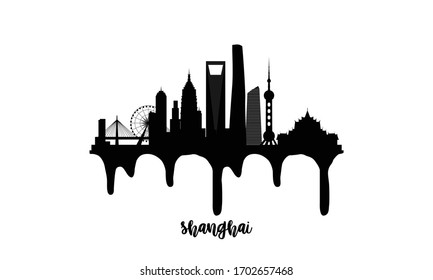 Shanghai China Schwarze Skyline Silhouette Vektorillustration Illustration auf weißem Hintergrund mit tropfendem Farbeffekt.
