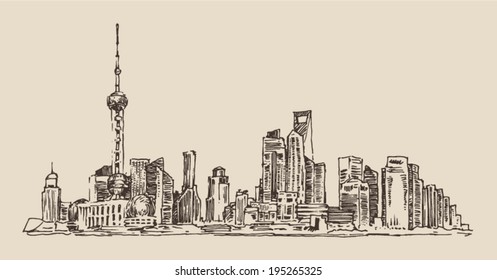 Shanghai, China, city architecture, vintage illustration, engraved retro style, hand drawn, sketch