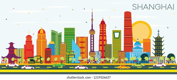 Shanghai China City Skyline with Color Buildings and Blue Sky. Vector Illustration. Business Travel and Tourism Concept with Modern Architecture. Shanghai Cityscape with Landmarks.