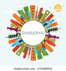 Shanghai China City Skyline with Color Buildings, Blue Sky and Copy Space. Vector Illustration. Business Travel and Tourism Concept with Modern Architecture. Shanghai Cityscape with Landmarks.