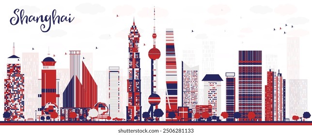 Shanghai China city skyline with color skyscrapers. Vector illustration. Cityscape with landmarks.