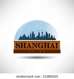 Shanghai, China city skyline silhouette in snow globe. Vector design.