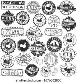 Shanghai, China Set of Stamp. Vector Art Postal Passport Travel Design. Travel and Business Seals.