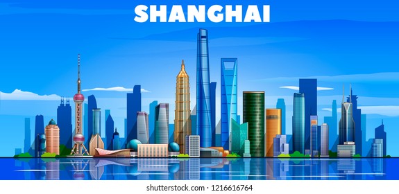 Shanghai ( China ) skyline with panorama in sky background. Vector Illustration. Business travel and tourism concept with modern buildings. Image for presentation, banner, web site.