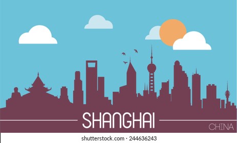 Shanghai China skyline silhouette flat design vector illustration