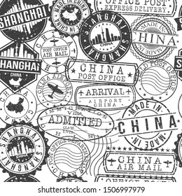 Shanghai China Stamps. City Stamp Vector Art. Postal Passport Travel. Design Set Pattern.