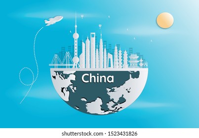 Shanghai china With a world-renowned landmark in the form Stylish paper cut, concept postcard, advertisement, business, tourism and travel - vector