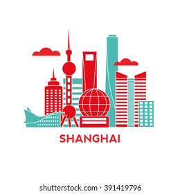 Shanghai city architecture retro vector illustration, skyline city silhouette, skyscraper, flat design