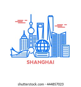 Shanghai City Architecture retro Vektorgrafik, Skyline City Silhouette, Wolkenkratzer, Strich Design