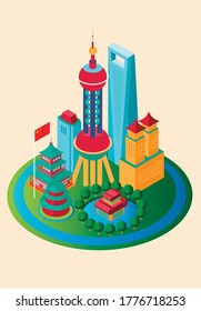 Shanghai City China isometric skyline