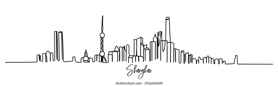 Shanghai City Of China Skyline - Continuous One Line Drawing