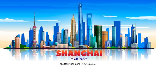 Shanghai city (China) skyline with panorama in white background. Vector Illustration. Business travel and tourism concept with modern buildings. Image for banner or web site.