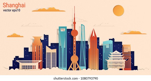 Shanghai Stadt bunte Papierschnitt-Stil, Vektorgrafik. Stadtlandschaft mit allen berühmten Gebäuden. Skyline Shanghai Stadtzusammensetzung für Design 