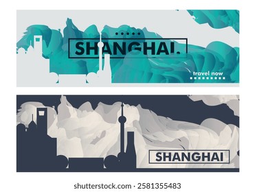 Shanghai city horizon profile banner, placard, header, footer. China metropolitan downtown vector website page layout with panoramic front view