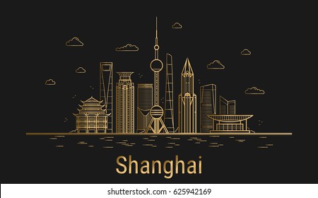 Shanghai City Line Kunst, goldene Architektur, Vektorgrafik, Skyline Stadt, alle berühmten Gebäude.