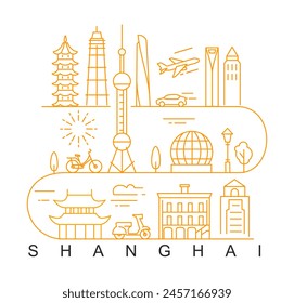 Shanghai City Line View. Poster print minimal design.