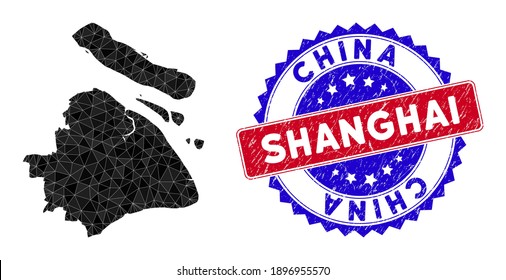 Shanghai City map polygonal mesh with filled triangles, and rubber bicolor seal. Triangle mosaic Shanghai City map with mesh vector model, triangles have different sizes, and positions,