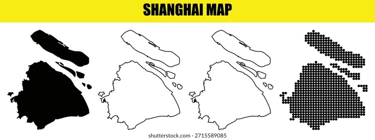 Mapa de la ciudad de Shanghai representaciones de relleno negro contorno de relleno blanco y mapa punteado que muestra las Formas geográficas Ilustraciones vectoriales Ubicaciones del país de China