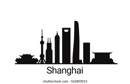 Shanghai city outline skyline. All Shanghai buildings - customizable objects, so you can simple change skyline composition. Minimal design.