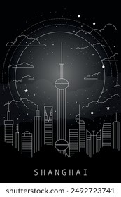 Shanghai city poster with abstract skyline, horizon, landmark and attraction. China vector illustration, black and white thin line layout for vertical brochure, website, flyer, presentation, book cove