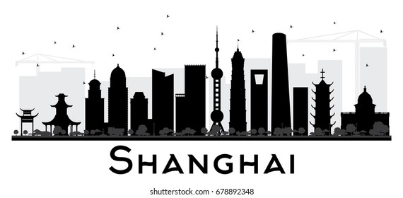 Shanghai City Skyline schwarz-weiß Silhouette.  Vektorgrafik. Einfaches flaches Konzept für touristische Präsentation, Banner, Plakate oder Website. Geschäftsreisekonzept Stadtlandschaft mit Sehenswürdigkeiten.