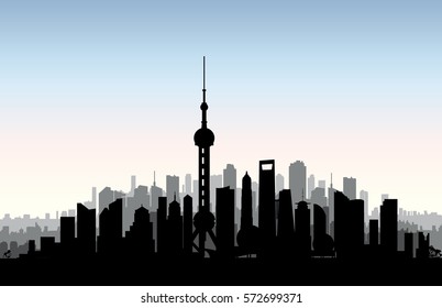 Shanghai City Skyline. Chinese Urban Landscape. Shanghai Cityscape With Landmarks. Travel China Background. Vacation In Asia Wallpaper With Buildings Silhouette.