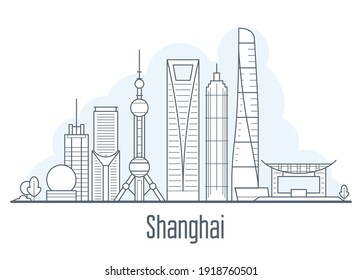 Shanghai city skyline - cityscape with landmarks in liner style