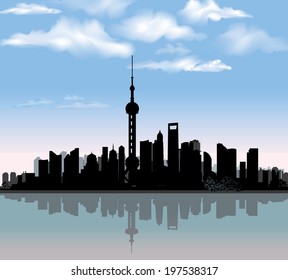 Shanghai city skyline detailed silhouette with reflection in water. Famous world landmark.Chinese cityscape Vector illustration  