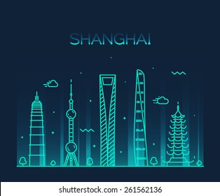 Shanghai City skyline detailed silhouette. Trendy vector illustration, line art style.