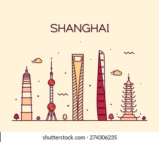 Shanghai City skyline detailed silhouette. Trendy vector illustration, line art style.