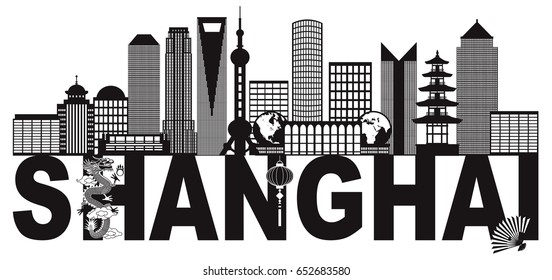 Shanghai City Skyline Outline Silhouette with Black Text Abstract Isolated on White Background vector Illustration